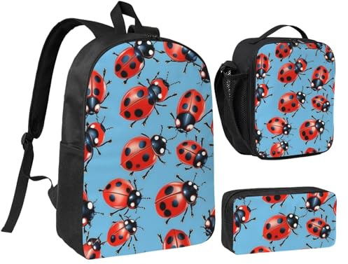 LXqlSS Mochila con estampado de mariquitas sobre fondo para uso diario, juego de 3 mochilas con lonchera y estuche para lápices