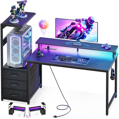 Casaottima 52 Inch Gaming Desk with USB Charging Ports & LED Light - Reversible Computer Desk with 3 Fabric Drawers, Monitor Stand, CPU Stand, and Side Hook, Modern Office Desk, Black