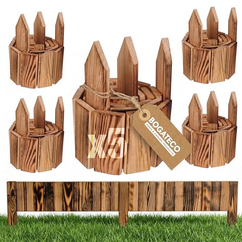 BOGATECO 5er Set Beeteinfassung Holz Rollborder Holzlatten |Rollzaun 10cm Hoch & 112cm lang | Holz-Zaun | Staketenzaun Perfekt als Beet-Umrandung oder Weg-Abgrenzung | Geflammte