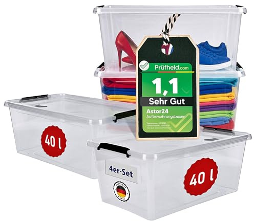 astor24 [Test SEHR GUT, NOTE 1.1] 4x 40 L Aufbewahrungsboxen [58 × 39 × 26 cm], Aufbewahrungsbox mit Deckel, Aufbewahrung und Organisation, Organizer für Küche Büro Haushalt Schrank Werkstatt