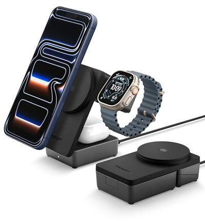Spigen Essential Qi2.2 25W 3-in-1 MagSafe Wireless Charging Station Charger Stand [Incl. 2m USB-C Cable] for iPhone 17/16/15/14/13/12 Pro Max Air 17e, AirPods 4/3/2, Apple Watch SE