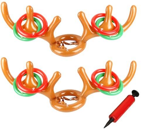 AYNKH Ring-Wurfspiel für Weihnachtsfeier, 2 Stück, aufblasbarer Hut in Rentiergeweih-Form mit 8 Ringen, für Erwachsene, Familie, Büro, Weihnachtsfeiern, Poolpartys
