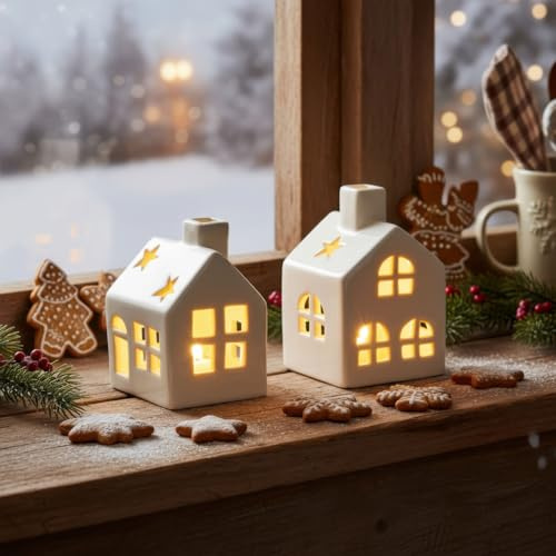 levandeo Juego de 2 luces LED en forma de casa blanca de porcelana, decoración de mesa escandinava, diseño escandinavo, decoración navideña, casa de luces