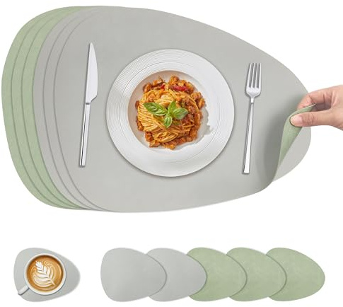 KitchenBoss Tovagliette Americane Lavabili Tovaglietta Colazione, Tovaglietta Americana e Sottobicchieri Bifacciale Per Cucine, Tavoli da Pranzo e Uffici, Verde + Grigio, 40x30cm, 6 Set