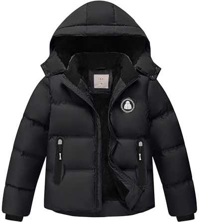 Zoofly Veste Hiver pour Garçons et Filles Veste de Ski Chaud avec Capuche Amovible, Noir 128 (S)