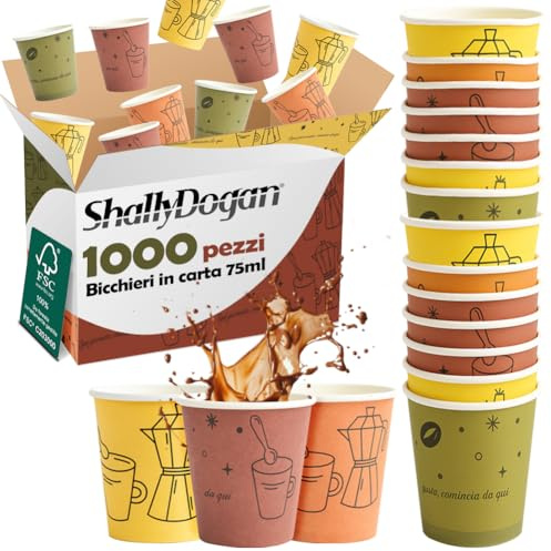 BAKAJI 1000 Bicchierini da Caffè Monouso Capacità 75 ml, Tazzina in Carta Usa e Getta per Hotel, B&B, Casa, Ideali per Feste ed Eventi, Tazze Resistenti Biodegradabili e Ecosostenibi (Moka)