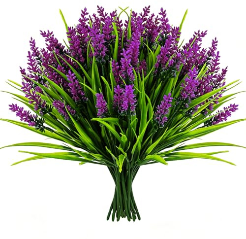 ADORAMOUR Rosy Purple Artificial Lavender Flowers - 12 Pack 15 Inch Fake Plant Bundles, UV Resistant Plastic Faux Floral Decor for Outdoor Garden, Patio, Porch & Indoor Home Vases