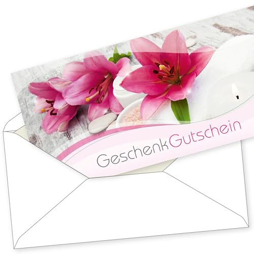 tatmotive 100 Gutscheine mit Umschlag für Wellness & Kosmetik | Einfach eigene Werte auf der Rückseite eintragen und stempeln – ideal geeignet für Massage und Beauty
