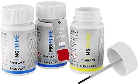 MG PRIME Autolack Lackstifte für Audi LY3U / Y3U / Y1 Tangorot Metallic +1K | Misano Metallic, Set aus Grundlack + Basislack + Klarlack, Lackfläschchen mit Pinsel, je 50ml
