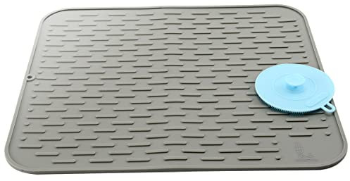 SUPER KITCHEN Große Silikon Geschirr Trockenmatte Dick mit einer Multifunktionalen Reinigungsbürste für die Arbeitsplatte, Hitzebeständiger Untersetzer, Abtropfmatte, 45x40 cm, Grau, Von Super Kitchen