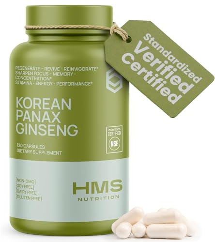 HMS Nutrition Korean Red Panax Ginseng 2000mg Supplement – 120 Vegan Capsules, Max Strength Ginsenosides, NSF Certified Extract for Energy, Stamina, Focus, Performance & Immune Support