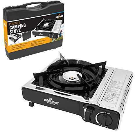 Milestone Camping 18949 Portable Gas Camping Stove with Carry Case/Gas Powered/Lightweight & Portable/Camping/Festivals/Fishing Trips, Grey