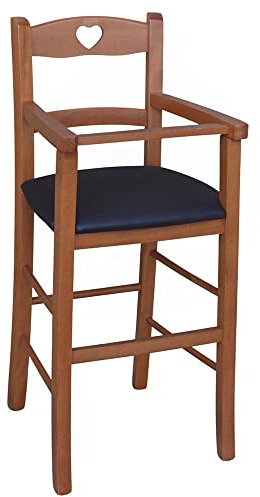 Hochstuhl aus Kirschholz mit gepolsterter Sitzfläche aus braunem Kunstleder