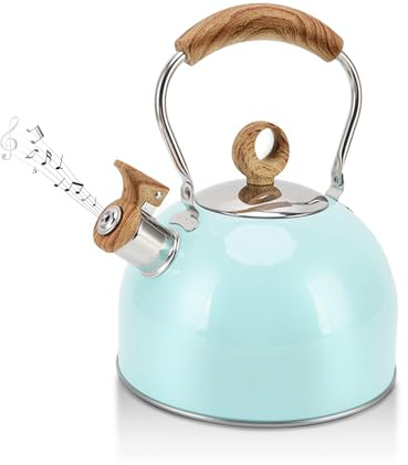 Natudeco Bollitore per tè fischietto da 2,5 litri Contenitore per acqua bollente Teiera in acciaio inossidabile con manico Antiscottatura Resistente per fornello elettrico Fornello a gas