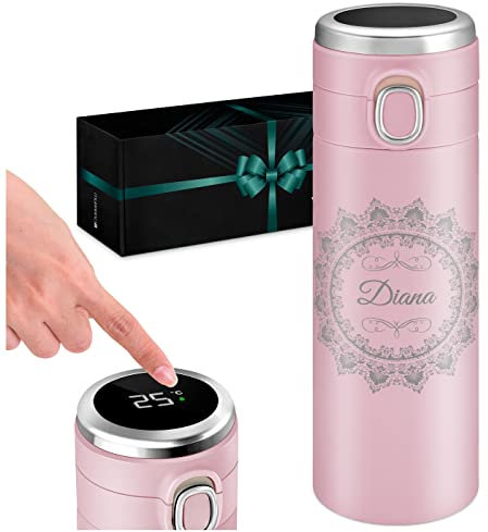 Maverton Thermobecher Kaffeebecher mit Gravur 400 ml - Trinkflasche Edelstahl - mit LED-Temperaturanzeige - auslaufsicher 100% dicht - für Frauen zum Geburtstag - rosa - Weihnachtsgeschenke - Ornament