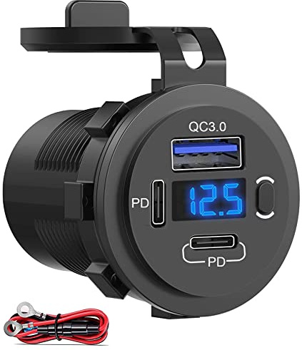 12V USB Outlet, Dual USB C Car Charger Socket & Quick Charge 3.0 Port with Voltmeter and Power Switch for Car Boat Marine Truck