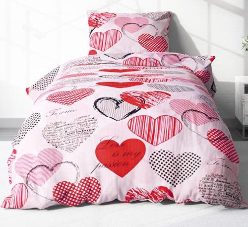 2-teilige Seersucker Bettwäsche 135x200cm + 80x80cm Love Liebe rot (621/1) | Herzen in weiß und rot - Bettgarnitur aus 100% Baumwolle, bügelfrei, Reißverschluss