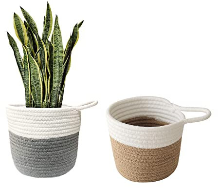 7WUNDERBAR Hängekorb Wandkorb Aufbewahrungskörbe 2er Set aus Baumwolle, Bad Aufbewahrungskorb, Blumentopf Übertopf Korb Pflanzkorb klein, Hängeorganizer für Kinderzimmer Badezimmer