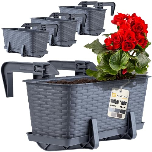 KADAX Lot de 4 jardinières 40 cm Plastique Graphite - Jardinières rectangulaires Balcon - Supports de Fixation Inclus - Optimisation Espace balcons et rebords fenêtre