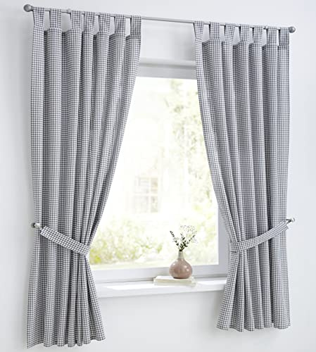 Cottage Vorhang und Raffhalter weiß grau kariert mit Schlaufen,Reine Baumwolle, Landhaus-Gardine Küche Breite 110 cm x Höhe 145 cm (1 STK)