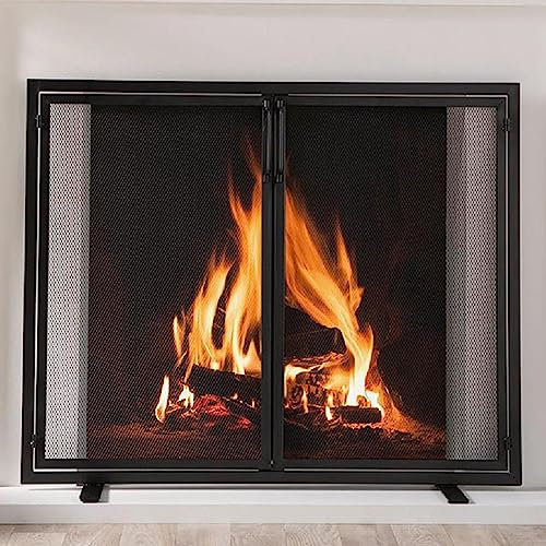 GTPBAO Funkenschutzgitter Schwarzer Feuerschutzschirm mit Magnetischen Türen, Modernes Kamin-Stehtor für Holzbrenner, 98×78cm