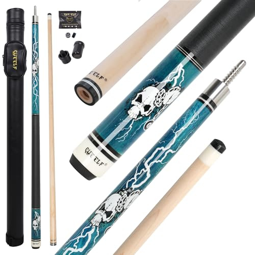 CUEELF Billardqueue mit Totenkopf-Motiv, professioneller Billardqueue, niedriger Durchbiegungsschaft, 13 mm, schwarze Spitze, Hartholz, kanadischer Ahorn, Billardqueue