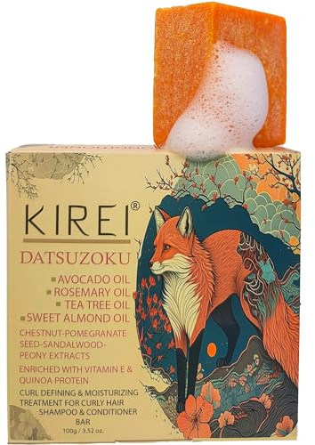 Kirei Shampoo Bar für lockiges Haar, 2-in-1 Shampoo & Spülung Bar, Locken definieren und feuchtigkeitsspendend, Avocado/Rosmarin/Teebaum/Mandel, vegane Formel 100g.