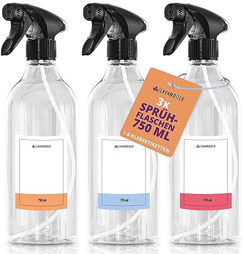 Lavandola 3x Sprühflasche 750ml mit Etiketten - Gleichmäßiges & feines Sprühbild, dichte & auslaufsichere Polyethylen-Sprühflasche für Pflanzen, Autopflege & mehr - 3x Set, LV-S-SF-750