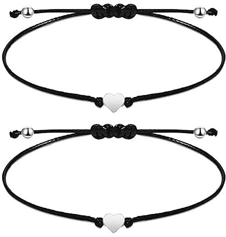 Lot de 2 bracelets d'amitié en forme de cœur tressés à la main, avec un bracelet de protection Kabbale pour hommes et femmes. Taille réglable, pour femme. Corde noire et cœur en argent