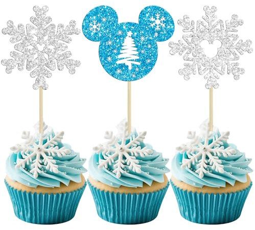 24Pcs Mouse Inspired Snowflake Cupcake Toppers Glitter Snowflake Cupcake Picks Christmas Cake Decorations for Winter Wonderland Theme Baby Shower Birthday Party Supplies Blue Silver
