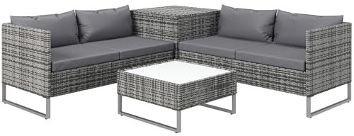 Outsunny Set da Giardino 4 Pezzi con 2 Divani 2 Posti, Tavolino da Caffè e Tavolino Alto con Cassapanca, Set Tavolini e Sedie da Giardino in Acciaio e Rattan Grigio e Argento