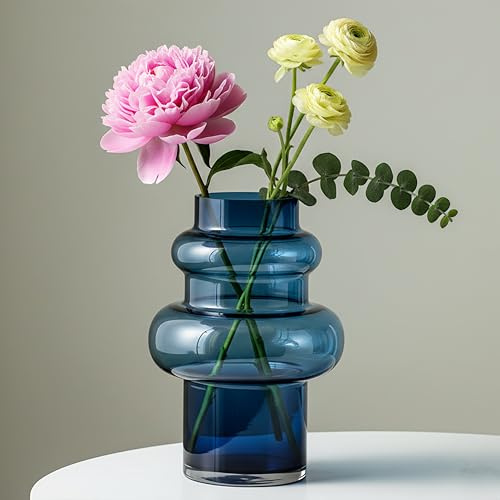 Lvases Clear Blue Bubble Glass Flower Vase, Modern Boho Ins Style Vase for Hydroponic Plants Bouquet, for Home Room Office Book Shelf Wedding Table Decor (W 6 X H 9.4)