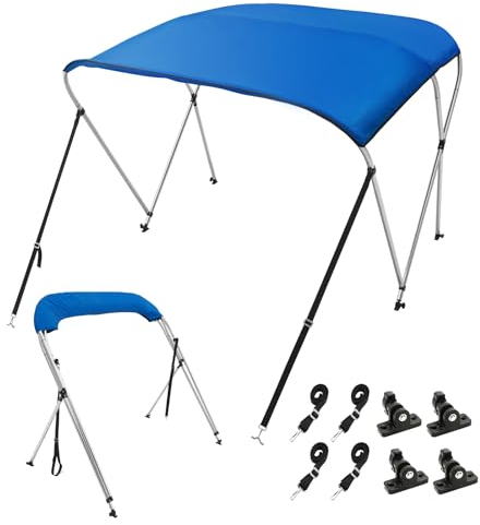VEVOR 3 Bow Boat Bimini Tops, 600D Polyester Canopy with Aluminum Alloy Frame, Waterproof & Sun Shade Boat Awning Canopy with Storage Bag, 2 Support Poles, 4 Straps, 6'Lx(54-60)Wx46H, Pacific Blue