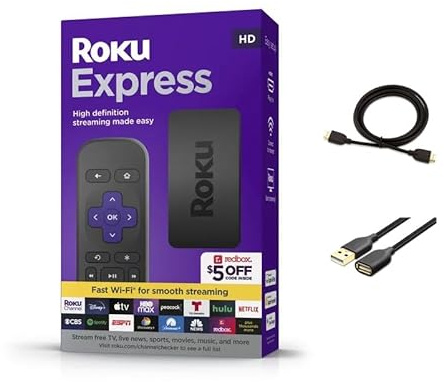 Roku Express (New) HD Streaming Device, with High-Speed HDMI Cable and Simple Remote (no TV Controls), Guided Setup, and Fast Wi-Fi, with MTC HDMI Cable and USB Extension Cord