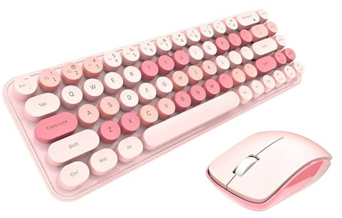 Retro 2.4GHz Wireless Keyboard and Mouse Combo With 68 Round Keycaps, 3 DPI Optical Sensor, Ergonomic Design and Stable Transmission (Pink Theme)