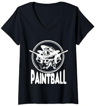 Damen Paintball Paintballmarkierer, Helm, Handschuh, in weiss T-Shirt mit V-Ausschnitt