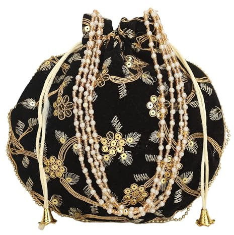 Craft Trade Women's Cotton Embroidered Potli Bag with Drawstring and Pearl Handle Pouch Golden Work Ladies Purse for Bridal, Dark Black, M