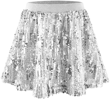 Rolanko Mädchen Pailletten Rock Elastischer Bund Funkelnde Glitzer Plissee Skorts mit Futter für Kinder Tanz Prinzessinnen Geburtstagsparty, Silber, 8-9 Jahre/140