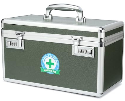 HEWEI WORKS Medication Lock Box, Lockable Medicine Storage, Empty First Aid, Medical Organizer, Safe lockbox for Home & Outdoor (Green, Large)