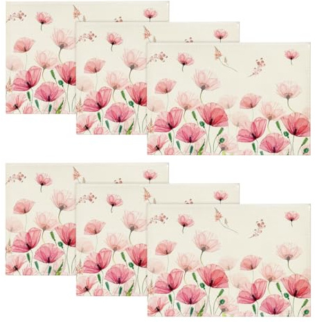 Artoid Mode Klatschmohn Blätter Frühling 6er Set Platzsets, 30x45cm Sommer Bankett Tischsets Waschbar Platzdeckchen Küche Party Deko