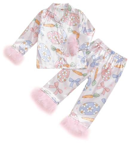 MAHUAOYIXI Toddler Girls Easter Satin Pajamas Outfits Long Sleeve Bunny Carrot Print Feather Plush T shirt Tops with Elastic Pants 2Pcs Sleepwear Loungewear for Little Girls (Pink, 3-4 Years)