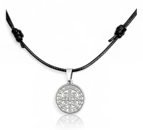 arana's - Colgante Medalla San Benito acero inoxidable 316L - Cordón encerado 75 cm con medalla de 18 mm diámetro para hombre mujer y niños - Cruz San Benito amuleto de la suerte religioso