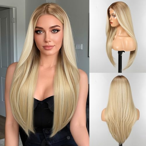 WOKESTAR Lange Perücken für Frauen Synthetisches hitzebeständiges Haar mit Fransen Natürliche Perücken für den täglichen Gebrauch Blonde Farbe