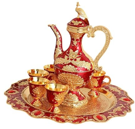 MagiDeal Ensemble de cafetière Turque en métal avec Tasses à Boire Service à café en Porcelaine Service à thé de Luxe pour Table à Manger de fête Fournitures, Or Rouge