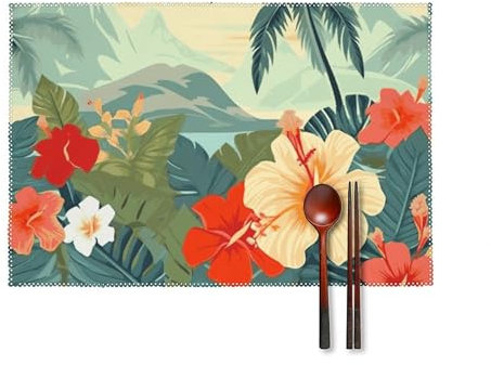 Tischsets für Esstisch Sommer Hawaii Tischsets 4er Set rutschfeste hitzebeständige Tischmatten waschbare Tischplattenschutzmatte für drinnen und draußen, quadratische Essmatten