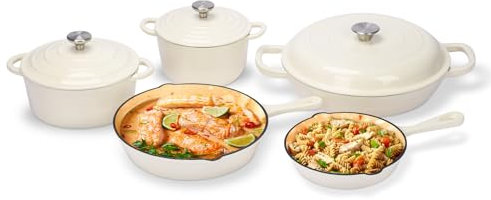 GFTIME Set di pentole in ghisa smaltata antiaderente – 8 pentole e padelle con coperchio, padella, pentola per stufato, set per tutti i piani cottura, ideali per cuocere il pane, bianco