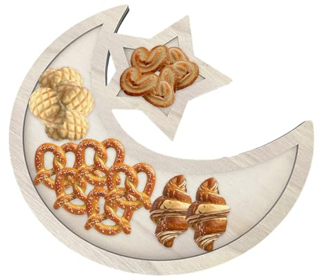 Plateau Eid Mubarak, Plateau en bois étoile lune Ramadan, Plateau de service Eid Mubarak, Plateau décoratif de table en bois Al-Fitr Iftar pour les fêtes islamiques musulmanes, vaisselle pour les