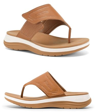 FitVille Womens Wide Fit Flip Flops Arch Support Non Slip Wedge Sandals Ladies Summer Slippers for Flat Feet Plantar Fasciitis