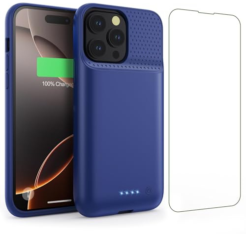 Feob Funda Batería para iPhone 16 Pro MAX, 8600mAh 15W Funda Cargador Portatil Carcasa Batería Recargable con Protector de Pantalla de Vidrio Templado para iPhone 16 Pro MAX [6,9 Pulgadas] (Azul)