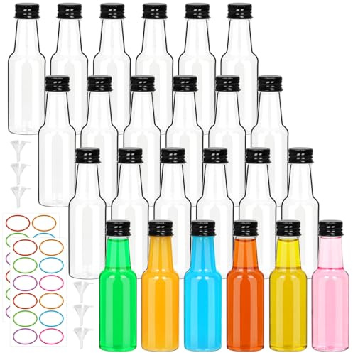 EkkoVla 50ml Mini Liquor Bottles with Lids, 24 Pack – Plastic Shot Bottles for Liquor, Sauce, Essential Oils, Party Favours & DIY Projects